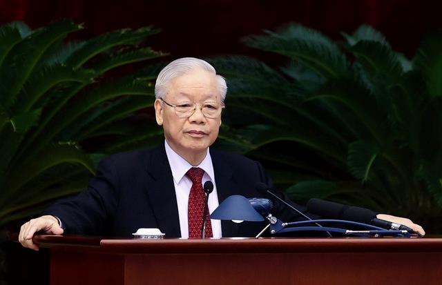Tổng Bí thư Nguyễn Phú Trọng và các đồng chí lãnh đạo Đảng, Nhà nước tham dự Hội nghị. Ảnh: TTXVN