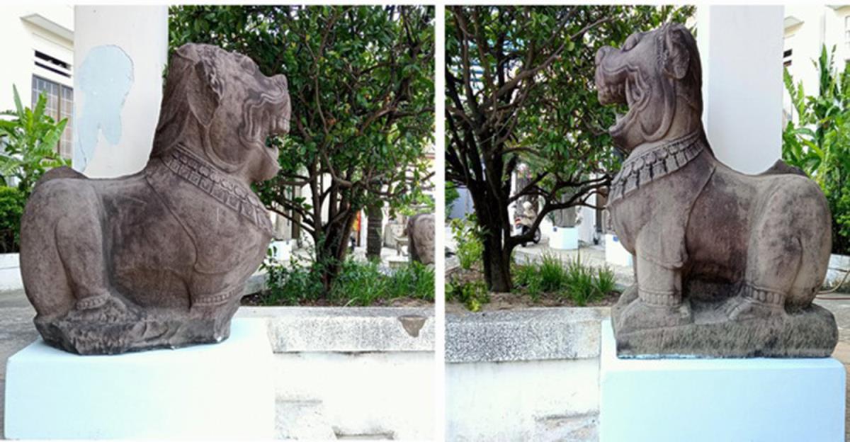 2 tượng sư tử đá thành Đồ Bàn hiện đang được trưng bày tại Bảo tàng tỉnh Bình Định.
