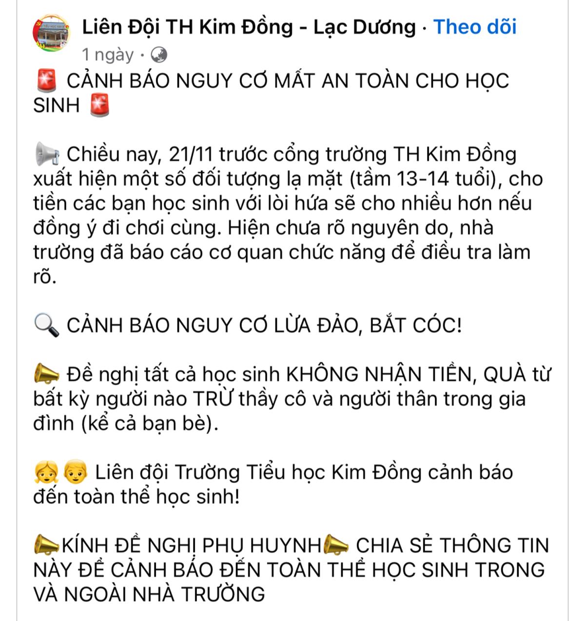 Trường Tiểu học Kim Đồng (H. Lạc Dương) đăng thông tin vụ việc để cảnh báo đến phụ huynh học sinh.