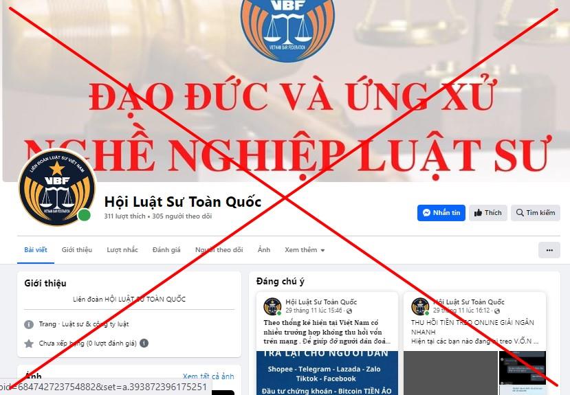 Một fanpage trên mạng xã hội giả mạo fanpage của Liên đoàn Luật sư Việt Nam.
