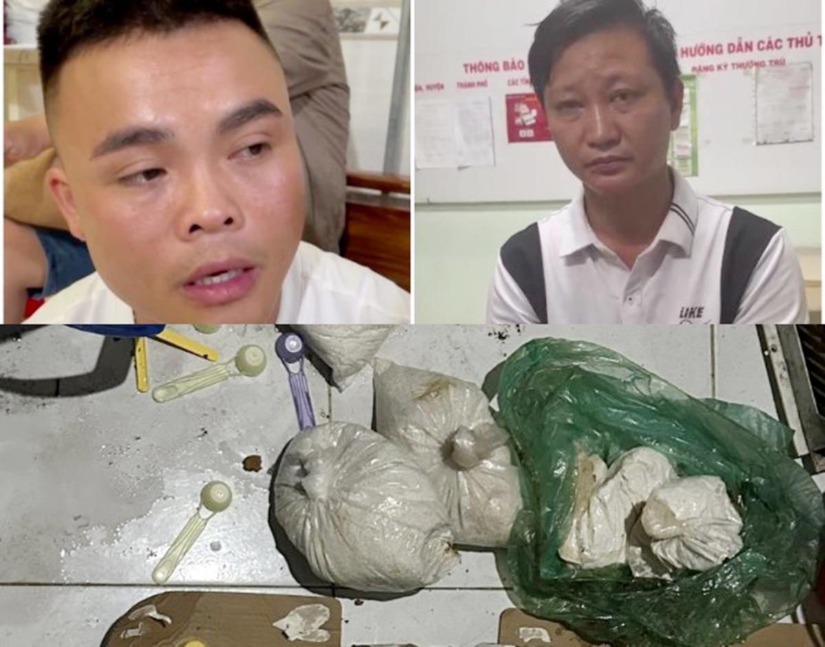 Công an huyện Con Cuông kiểm tra số ma túy tang vật thu được của 2 đối tượng Vũ Văn Đảng và Lương Văn Hưng.