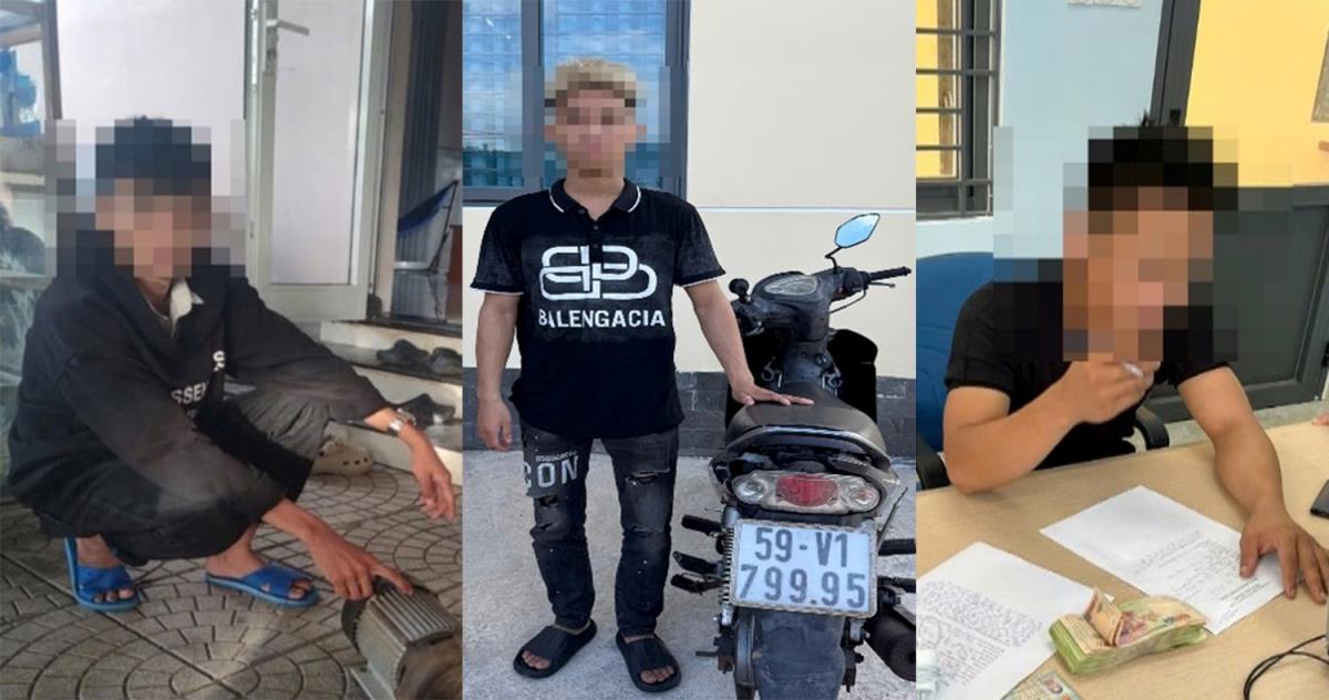 Ba đối tượng trộm cắp bị Công an xã Mỏ Cày bắt giữ cùng tang vật.