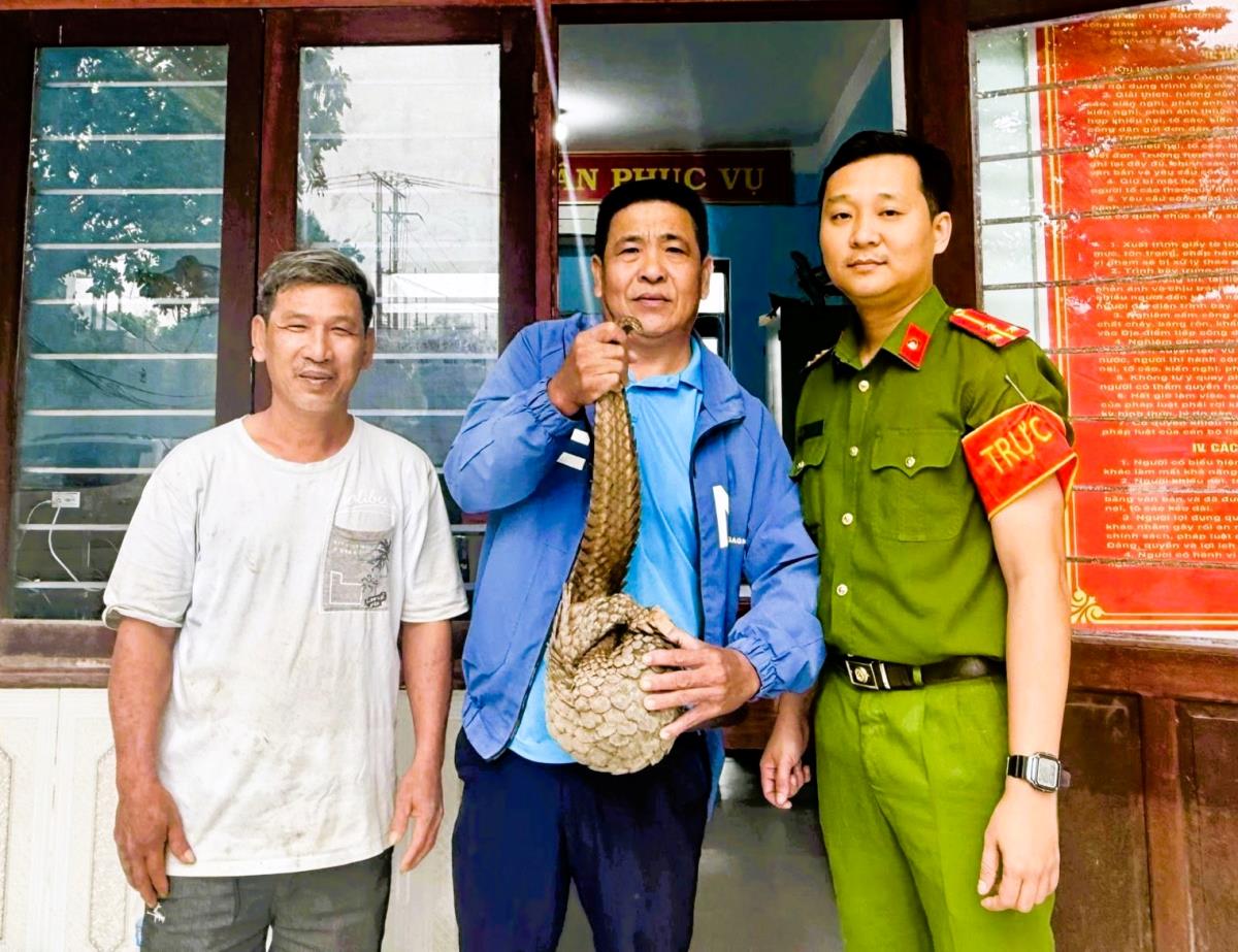 Ông Đoàn Công Khánh giao nộp cá thể tê tê quý hiếm cho Công an xã Hà Nha.