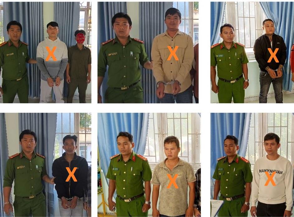 Từ trái qua, trên xuống: Các đối tượng Vũ, Cảnh, Phố, Đen, Dũng, Hà bị cơ quan Công an bắt giữ.