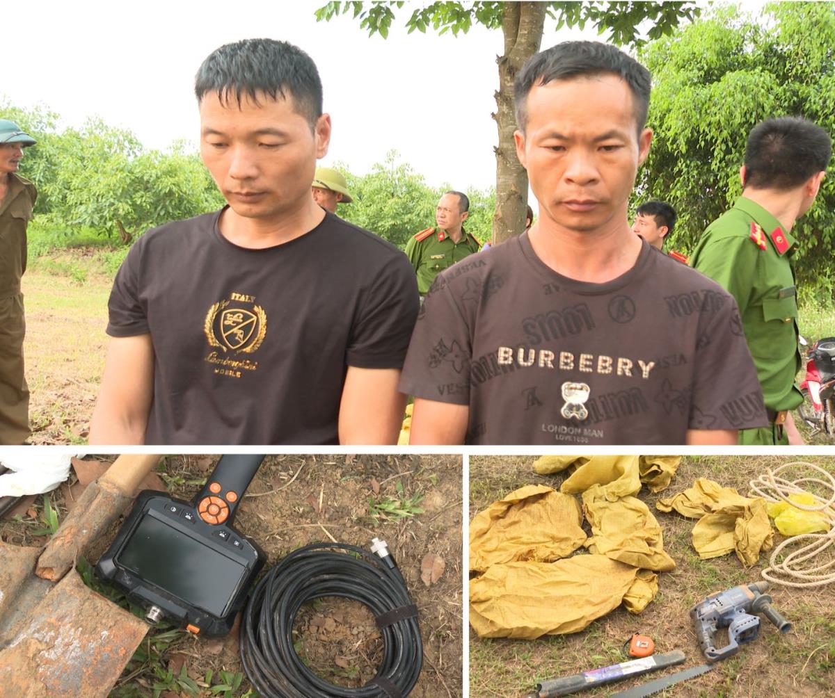 Hai nghi phạm trong vụ đào trộm mộ SHEN JIANGYANG, DENG ZHIJI và các dụng cụ dùng để đào bới (Ảnh: Công an Thanh Hóa)