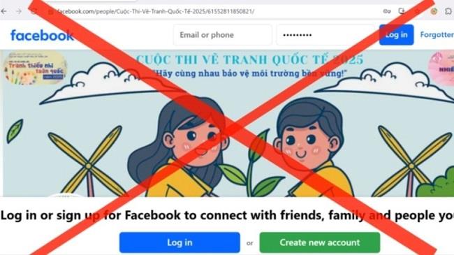 Một fanpage giả mạo "Cuộc thi vẽ tranh Quốc tế 2025" do các đối tượng lừa đảo tạo lập để thu hút người tham gia. Ảnh chụp màn hình.