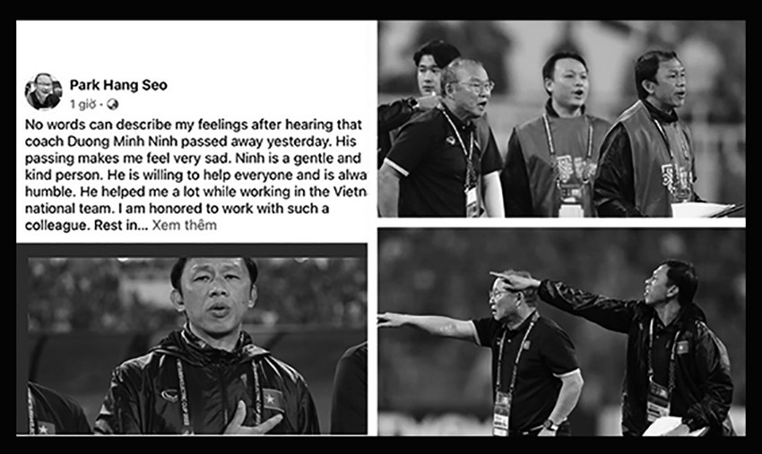 HLV Park Hang-seo nhắc lại những kỷ niệm và gửi lời chia sẻ đến người trợ lý của mình cùng hai thành viên đội HA Gia Lai. Ảnh: CTV