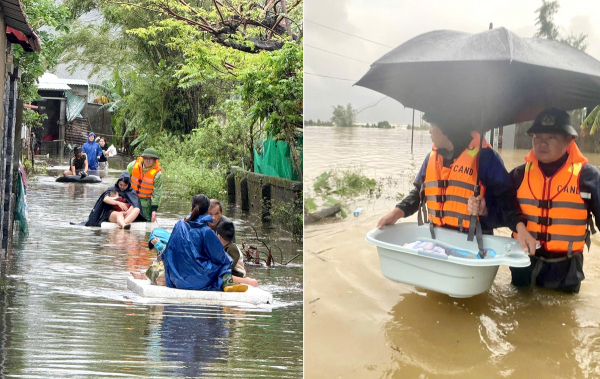 Lực lượng Công an hỗ trợ đưa bé sơ sinh 6 tháng tuổi cùng gia đình vượt mưa lũ đến nơi an toàn.