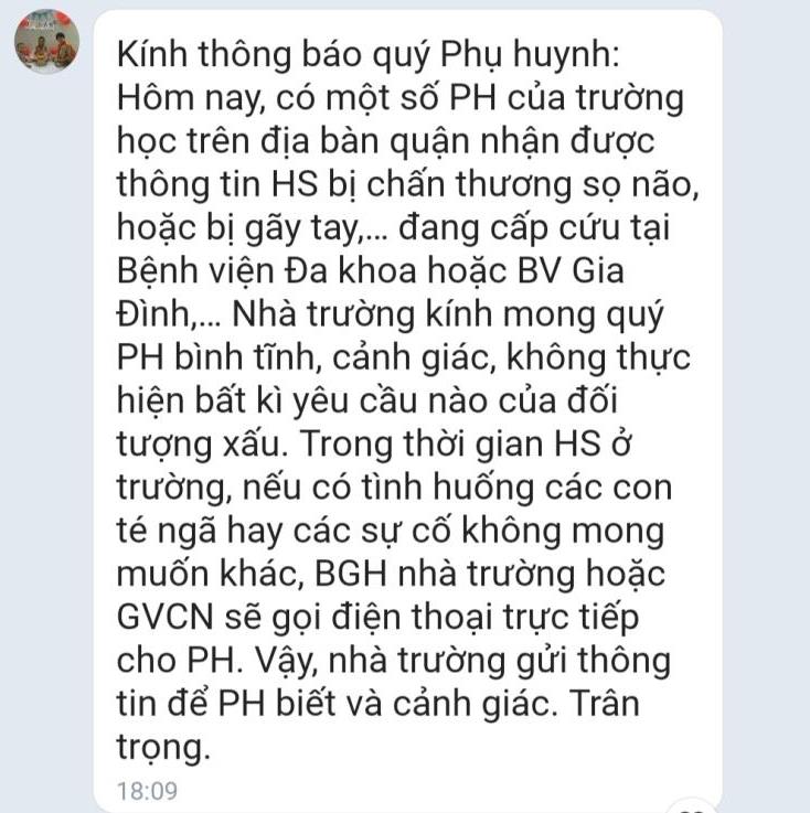 Thông báo của Trường THCS Nguyễn Công Trứ (quận Cẩm Lệ) gửi cho phụ huynh học sinh.