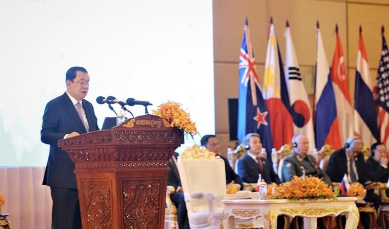 Thủ tướng Hun Sen phát biểu tại hội nghị. Ảnh: Báo Quân đội Nhân dân