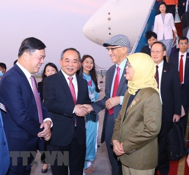 Chủ nhiệm Văn phòng Chủ tịch nước Lê Khánh Hải và Đại sứ Việt Nam tại Singapore Mai Phước Dũng đón Tổng thống Singapore Halimah Yacob và Phu quân tại Sân bay Quốc tế Nội Bài.