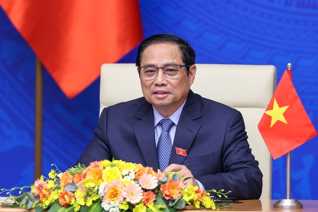 Thủ tướng Phạm Minh Chính phát biểu theo hình thức trực tuyến tại lễ công bố khởi động thảo luận về Khuôn khổ kinh tế Ấn Độ Dương - Thái Bình Dương vì thịnh vượng.