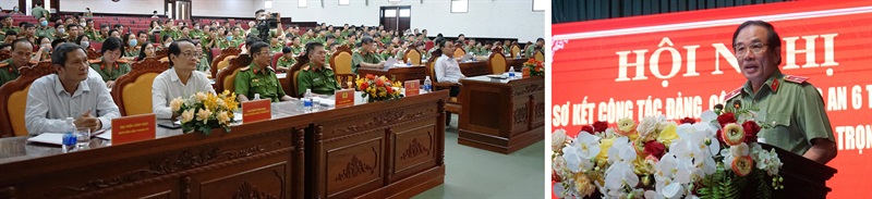 Thượng tá Nguyễn Đại Đồng báo cáo kết quả công tác đảng và công tác Công an 6 tháng đầu năm.