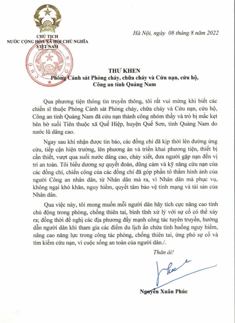 Thư khen của Chủ tịch nước gửi Phòng Cảnh sát PCCC và CNCH Công an tỉnh Quảng Nam.