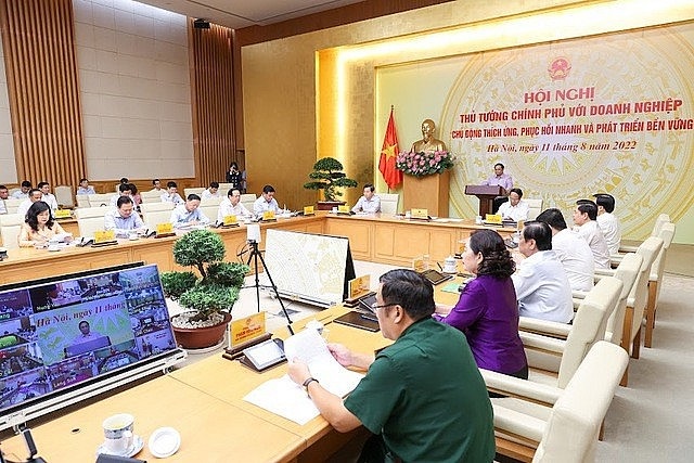 Thủ tướng Chính phủ Phạm Minh Chính chủ trì Hội nghị trực tuyến toàn quốc với các doanh nghiệp.
