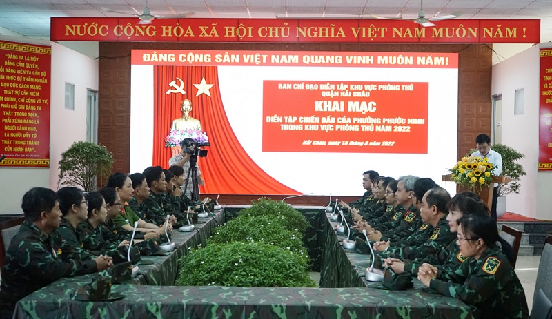 Quang cảnh P. Phước Ninh khai mạc diễn tập chiến đấu của phường trong khu vực phòng thủ năm 2022.