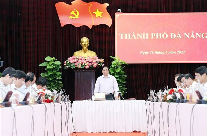 Thủ tướng Phạm Minh Chính chủ trì buổi làm việc với lãnh đạo chủ chốt thành phố Đà Nẵng, ngày 26/6/2022. Ảnh: Dương Giang/TTXVN