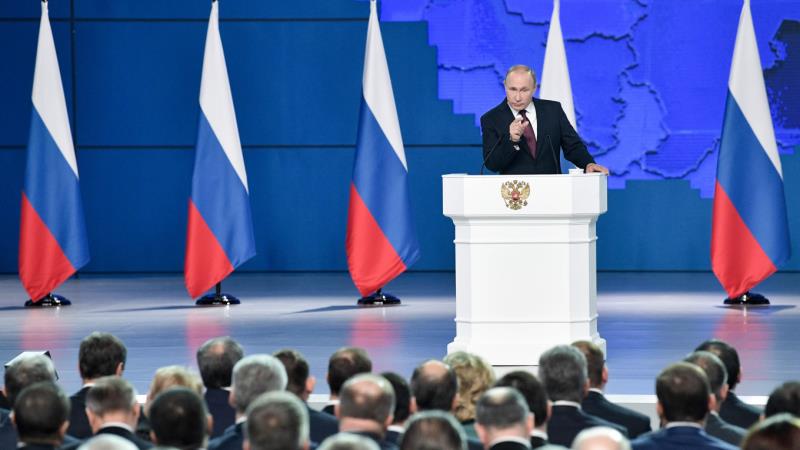 Tổng thống Nga Vladimir Putin đọc Thông điệp Liên bang năm 2023. Ảnh: TASS