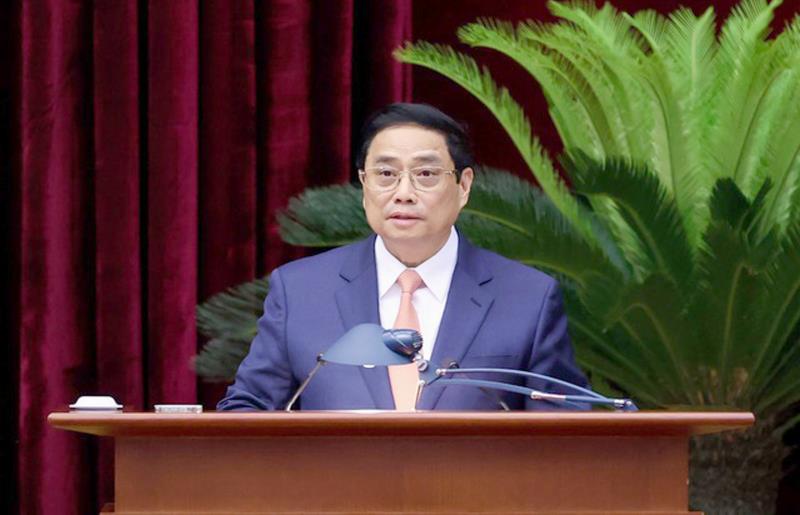 Đồng chí Phạm Minh Chính, Ủy viên Bộ Chính trị, Thủ tướng Chính phủ, thay mặt Bộ Chính trị điều hành thảo luận. Ảnh: VGP