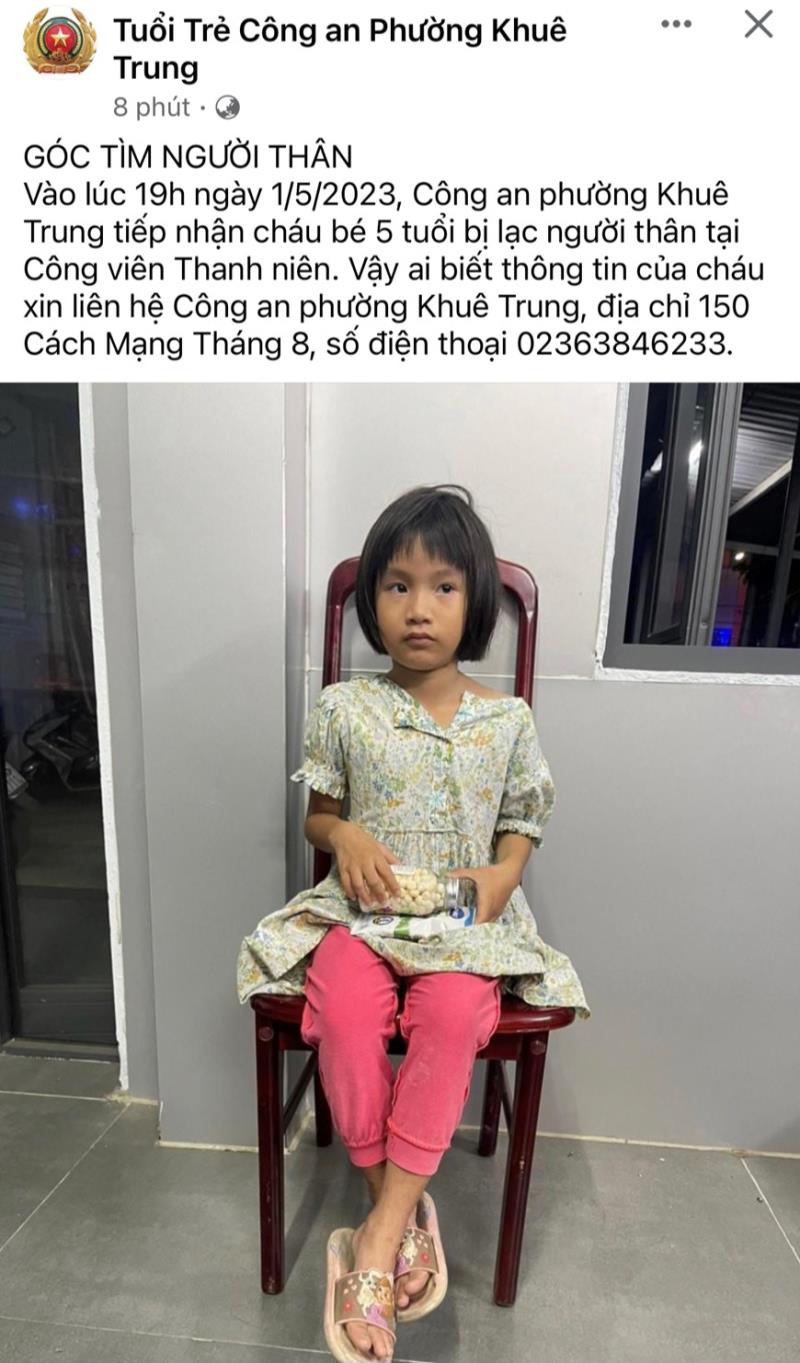 Thông tin, hình ảnh cháu bé đi lạc được đăng tải trên trang facebook Tuổi trẻ Công an phường Khuê Trung