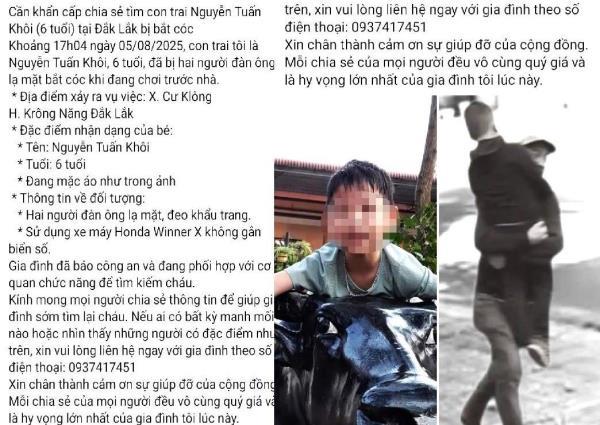 Thực hư việc bé trai ở Đắk Lắk đang chơi trước nhà bị hai người lạ bắt cóc
