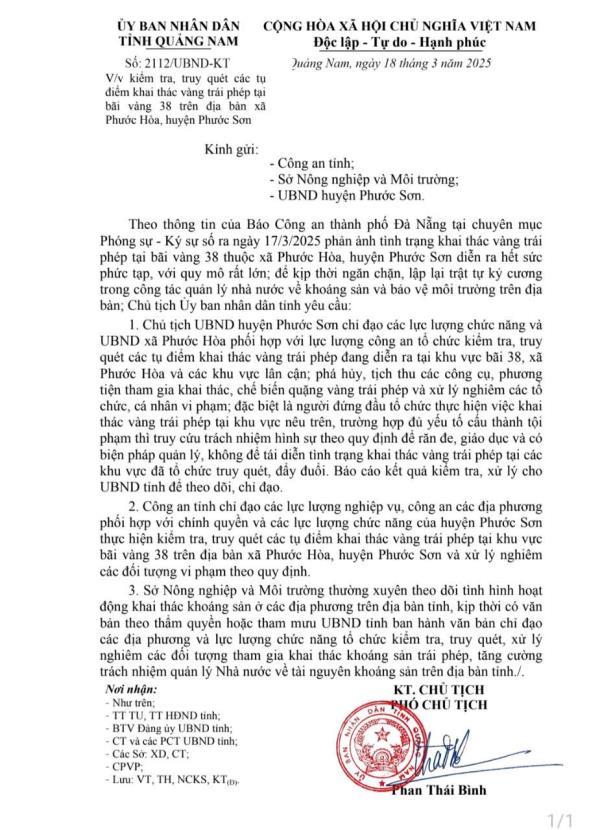 Chủ tịch UBND tỉnh Quảng Nam chỉ đạo kiểm tra, truy quét bãi vàng 38