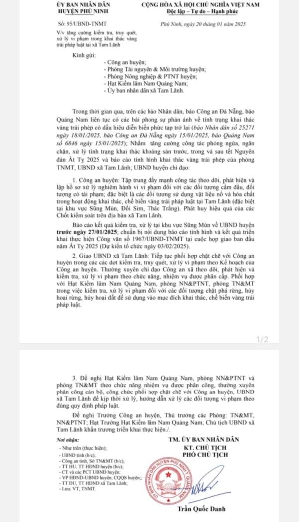 Chỉ đạo kiểm tra, xử lý khai thác vàng trái phép ở Tam Lãnh mà Chuyên đề Công an TP Đà Nẵng phản ánh