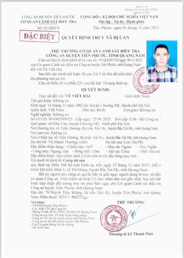 Quảng Nam, truy nã đặc biệt kẻ cướp tiền tại cây xăng