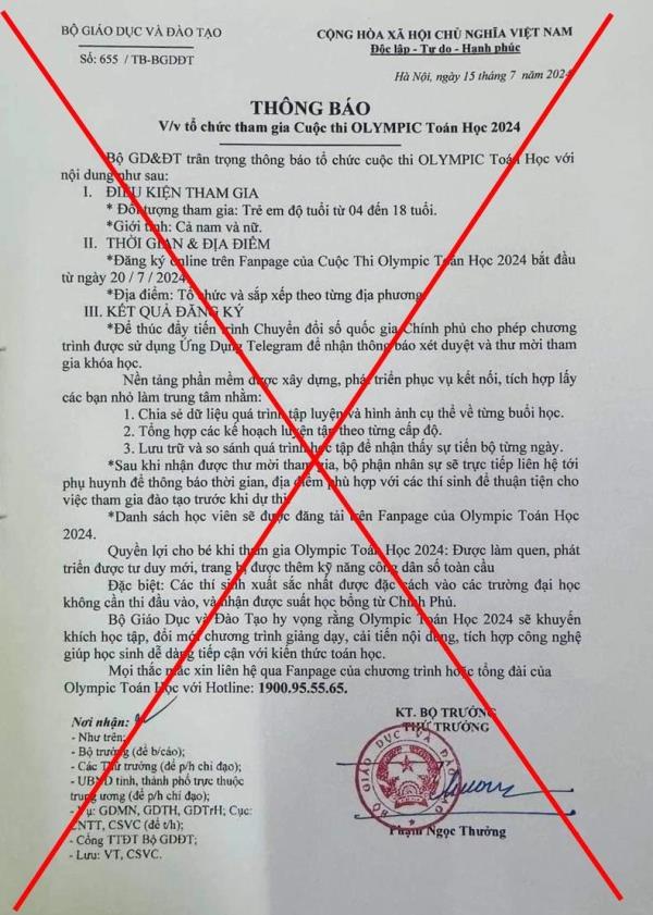 Cảnh báo việc giả mạo văn bản của Bộ Giáo dục và Đào tạo mời tham gia Olympic Toán 2024