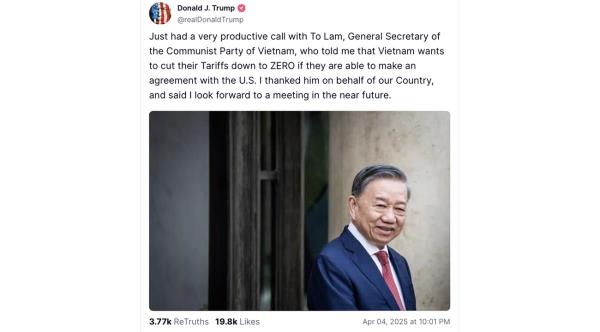 Tổng thống Trump tuyên bố ‘có một cuộc điện đàm rất hiệu quả với Tổng Bí thư Tô Lâm