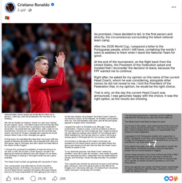 Ronaldo công bố tâm thư, tự nhận mình xứng đáng bị kỷ luật