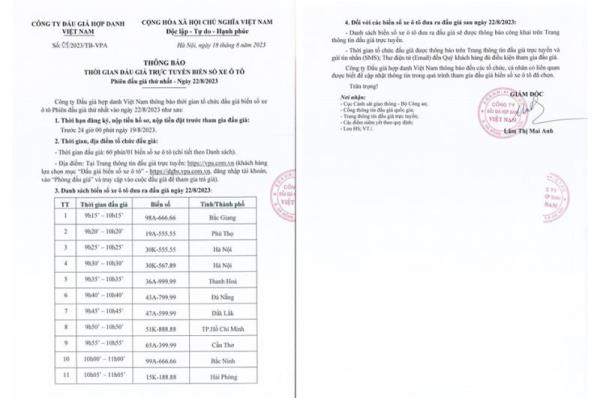 Thông báo phiên đấu giá trực tuyến biển số xe ô tô lần thứ nhất